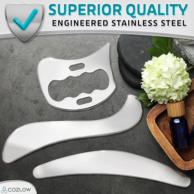 COZLOW 3-in-1 Stainless Steel Muscle Scraper Tool Set for IASTM Therapy - Skin Scraping Massage Tools for Soft Tissue Mobilization - Deep Tissue Gua Sha for Arms, Legs & Back