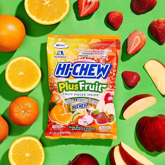 HI-CHEW Plus Fruit Mix, 6 Bags, 2.82oz each - Orange Tangerine Red Apple Strawberry, Unique Fun Soft & Chewy Halloween Candy - Immensely Juicy Fruity Candy Flavors, Individually Wrapped for Sharing