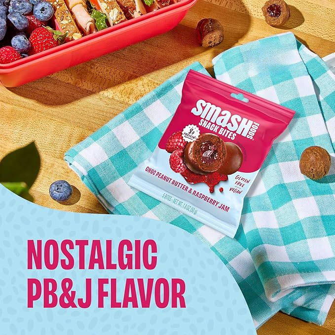 Smash Foods Raspberry Energy Bites | 5 Gluten-Free Vegan Snack Balls with No Sugar Added | 8g Protein, Superfood Jam, Chia Seeds | On-the-Go Convenience | Chocolate Peanut Butter & Raspberry | 8 Packs