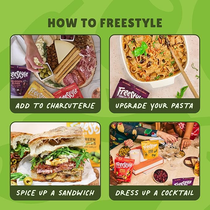 Freestyle Snacks Olive Snack Packs - Fresh Pitted Kalamata & Green Olives, Jumbo-Sized, Grown in Greece, Salty Snack, All Natural, Non-GMO, Paleo, Sugar-Free, Keto Snacks - Variety Pack, 4oz (6 Pack)