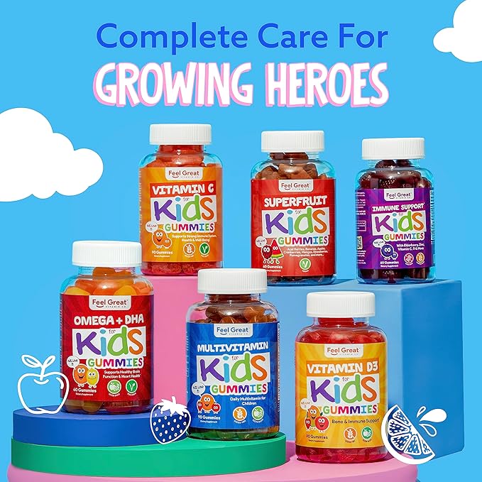 Feel Great Kids Multivitamin Gummies | Citrus & Strawberry Flavored Vitamins for Kids | Multivitamin Gummies with Vitamin D for Bone, Muscle & Immune Support | Chewable Vitamins | 45-Day Supply