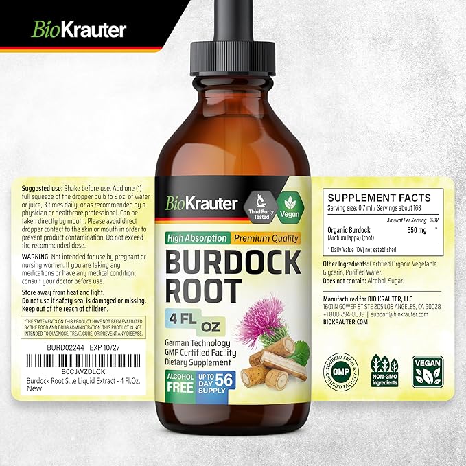 BIO KRAUTER Burdock Root Tincture - Antioxidant Support Liquid Supplement - Burdock Root Extract - Alcohol and Sugar Free - Vegan Drops 4 Fl.Oz.