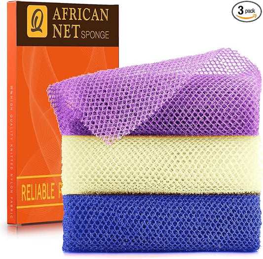 UJFQBH 3 Pieces African Bath Sponge African Net Long Net Bath Sponge Exfoliating Shower Body Scrubber Back Scrubber Skin Smoother,Great for Daily Use (Purple,Blue,Off-White)