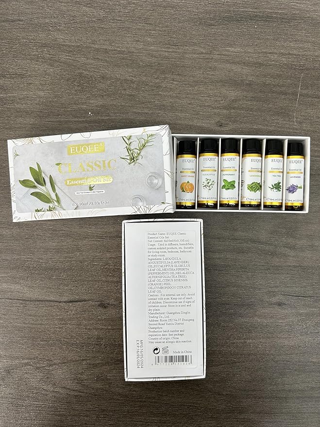 EUQEE Classic Essential Oil Set of 6 Pure Essential Oil Gift Set for Diffusers, Soap Candle Making - Lavender, Eucalyptus, Peppermint, Tea Tree, Sweet Orange, Lemongrass Aromatherapy Oils -10ml