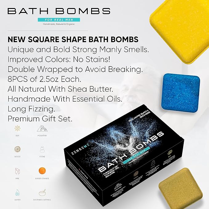 Bath Bombs for Men - Gift Set of 8 Scented Organic Handmade Natural Bath Bombs of 2.5 oz w/Natural Essential Oils, Unique Extra Strength Manly Scents, for Boyfriend, Husband, Father - Square Shape