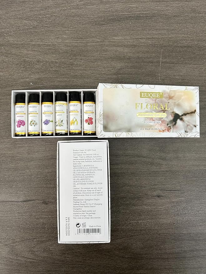 EUQEE Floral Essential Oils Set of 6 Pure Essential Oil Gift Set for Diffusers, Soap & Candle Making - Lavender, Rose, Ylang Ylang, Jasmine, Geranium, Chamomile Aromatherapy Oils - 10ml