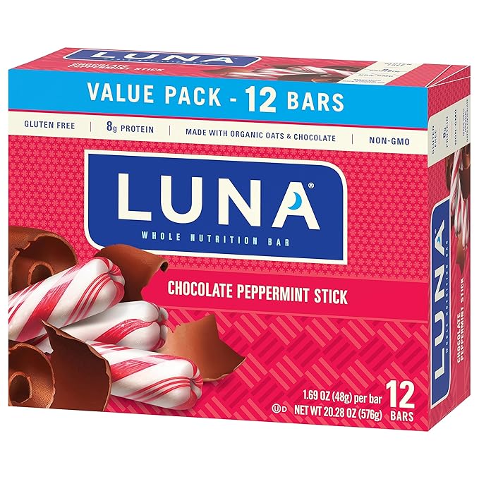 LUNA Bar - Chocolate Peppermint Stick Flavor - Snack Bars - Non-GMO - Gluten-Free Protein Bars - Made with Organic Oats (12 Pack)