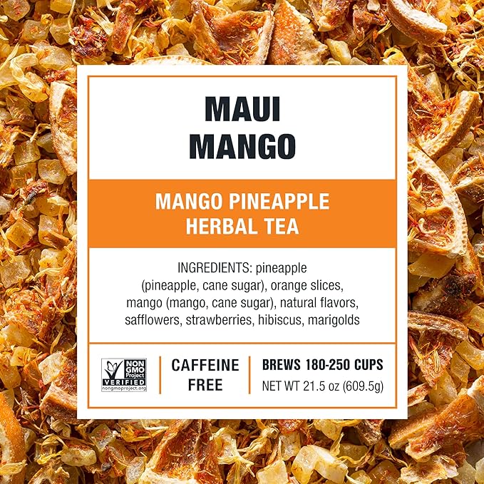 Tiesta Tea - Maui Mango, Loose Leaf, Mango Pineapple Herbal Tea, Premium Non-Caffeinated Fruit Blend, Makes Hot or Iced & Brews Up to 250 Cups - 16oz Bulk Pouch & 5.5oz Refillable Tin Combo