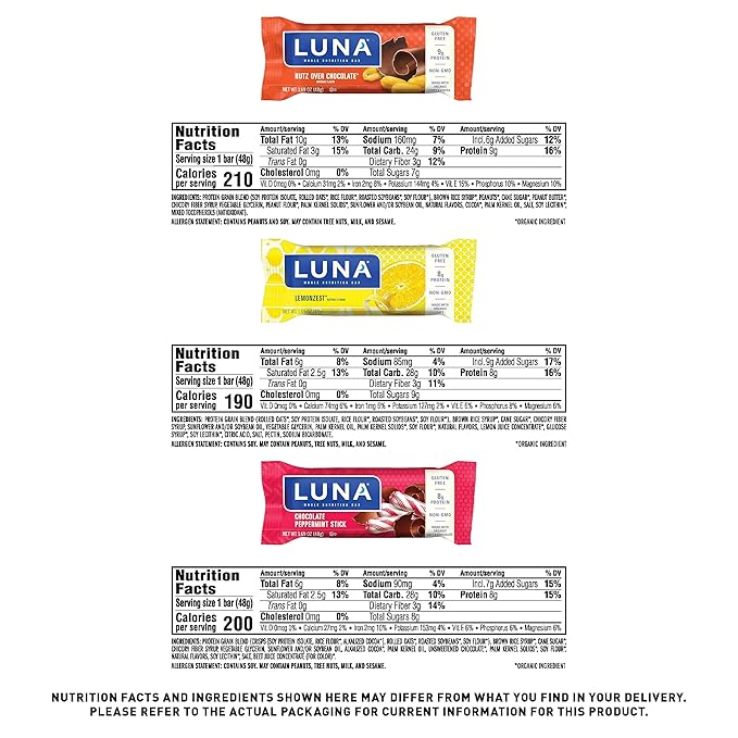 LUNA Bar - Variety Pack - 6 Flavors - Snack Bars - Non-GMO - Gluten-Free Protein Bars - Made with Organic Oats (12 Pack)