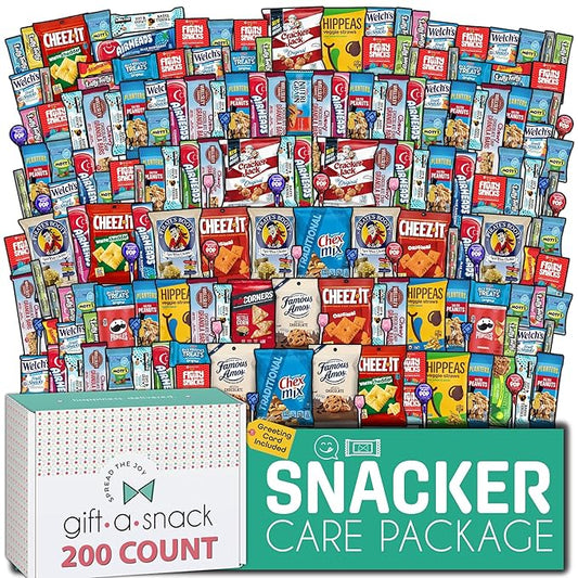 Gift A Snack - Haloween Trick or Treats Snack Box Care Package Variety Pack + Greeting Card (200 Count) Birthday Sweet Treats Gift Basket, Candies Chips Crackers Bars, Office Food Assortments