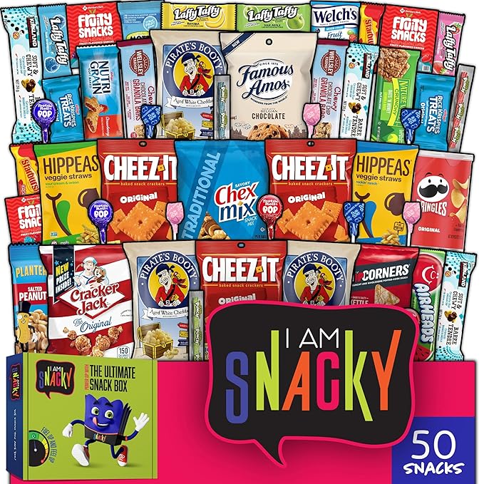 I AM Snacky - Haloween Trick or Treats Snack Box Variety Pack Care Package + Greeting Card - SNACKY'S BLISS BITES (50 Count) Birthday Sweet Treats Gift Basket, Candies Chips, Office Food Assortments