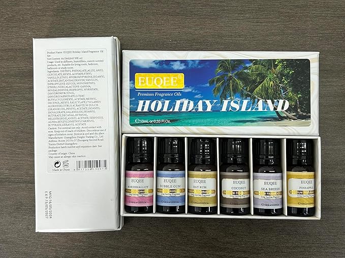 EUQEE Summer Fragrance Oil Gift Set of 6,Holiday Island Essential Oils Set for Humidifier, Aromarathepy-Pineapple, Coconut, Sea Breeze, Bubble Gum, Bay Rum, Marshmallow(10ml)
