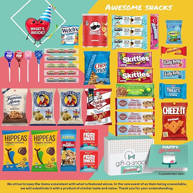 Gift A Snack - Happy Birthday Snack Box Variety Pack Care Package + Greeting Card (45 Count) Bday Sweet Treats Gift Basket, Candies Chips Crackers Bars - Food Assortments Assortments & Variety Gifts