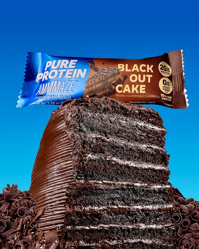 Pure Protein AMMMAZE Blackout Cake Protein Bars, 12 Count – 20g Protein, 3g Fiber, No Added Sugar – Chocolate Meal Replacement - On the Go Snacks