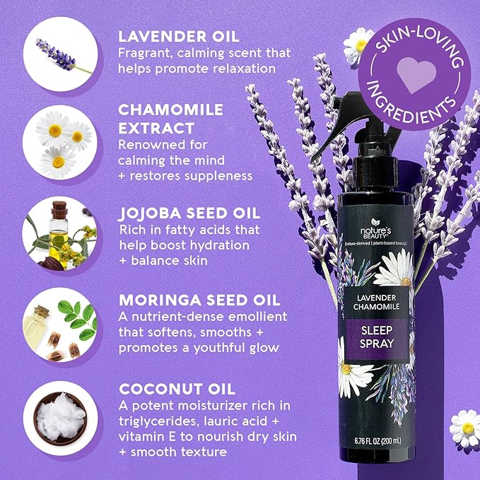 Nature's Beauty Lavender Chamomile Sleep Spray Multi-Pack - Sleep Well + Relax with Premium Grade Room + Pillow Spray, Made w/Coconut, Jojoba + Moringa Seed Oils, 6.76 fl oz (2 Pack)