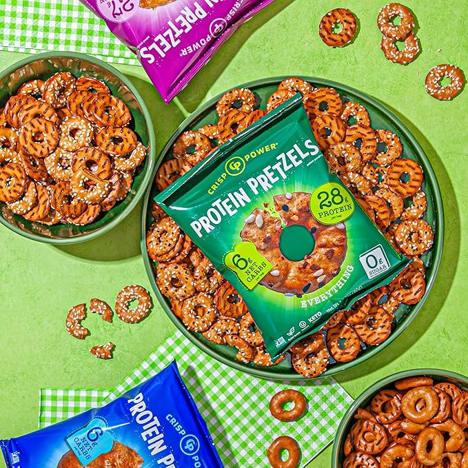 Crisp Power Protein Pretzels, Variety Pack With Sea Salt, Sesame, & Everything, Vegan Keto Snack, Plant Based Protein, Low Carb Crunchy Pretzel Snacks, Sugar Free, No Seed Oils, 1.75 Oz Bags, 24 Pack