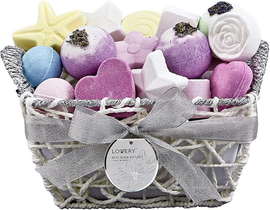 Bath Bombs Gift Set for Women, 17 Large Bath Fizzies in Assorted Colors, Shapes & Scents, Bath and Body Spa Set with Shea & Coco Butter, Ultra Rich Spa Set in Handmade Weaved Basket