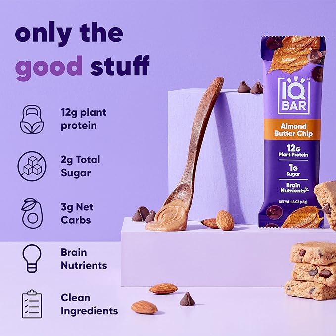 IQBAR Brain and Body Plant Protein Bars - Almond Butter Chip - 24-Count - Keto, Vegan, Low Carb, High Fiber, Gluten Free, Dairy Free, Low Sugar Snack with Nutrients for Focus, Energy, Meal Replacement