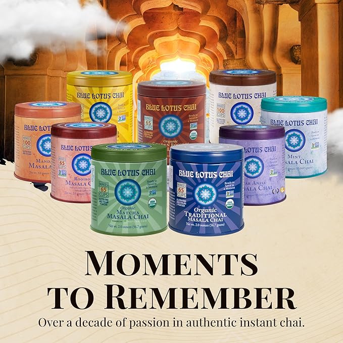 Blue Lotus Chai Tea - Fully Organic Traditional Masala Chai - Makes 65 Cups - 2 Ounce Masala Spiced Chai Powder with Organic Spices - Instant Indian Tea No Steeping - No Gluten