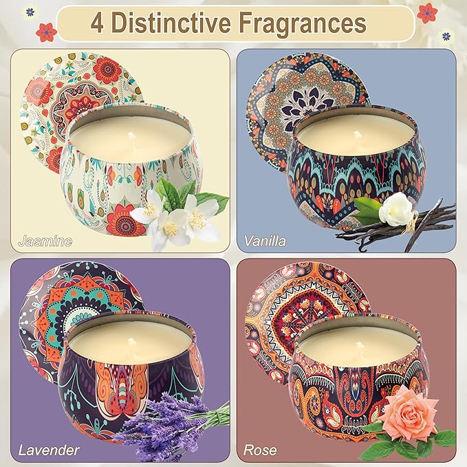 Scented Candles Gift Set - Women Candle Set Natural Soy Wax Aromatherapy Candle Small Gifts 120H Burn Time Candle 4 Pack 4.4 Oz for Christmas Birthday Mum Girl Teacher Mothers Day Bath