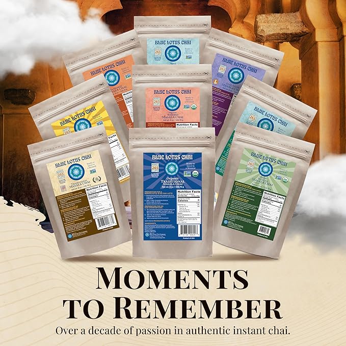Blue Lotus Chai – Fully Organic Traditional Masala Chai - Makes 265 Cups – Just Add Hot Water, No Steeping, No Gluten - 8 Ounce Masala Spiced Chai Powder with Organic Spices – Authentic Indian Tea
