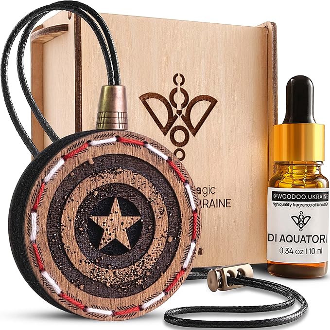 Wood Car Air Freshener — Handmade Car Air Freshener — Captain Shield Designed Fragrance Oil Diffuser in Wooden Gift Box — Aromatherapy Gift Set with diAquatoria Fragrance Oil - 10 ml