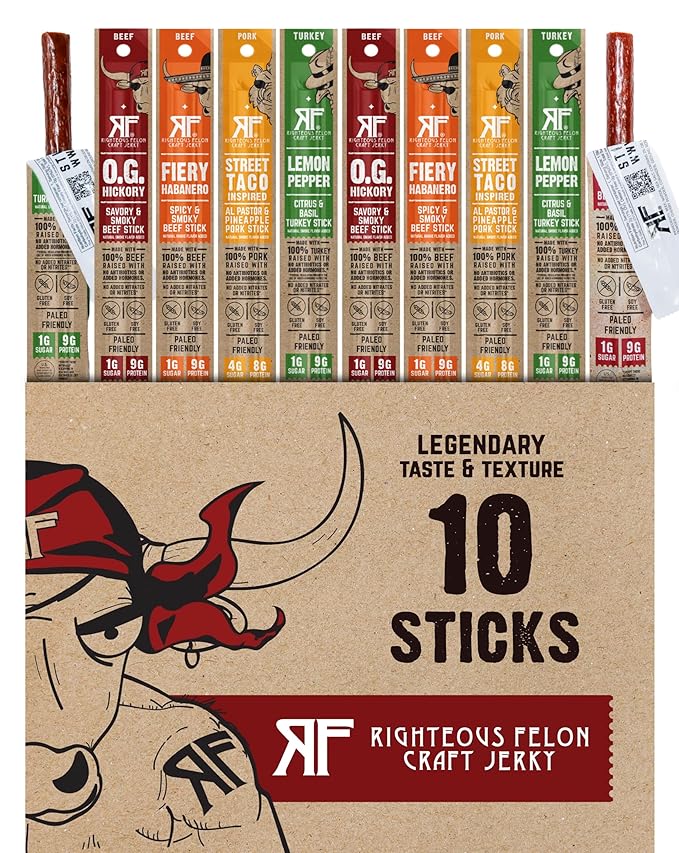 Righteous Felon Jerky Variety Pack Meat Sticks | High Protein, Low Carb, Keto, Gluten Free, Low Sugar, Healthy Snack Stick | All Natural, Individually Wrapped Craft Beef, Turkey, Pork | 10 Count