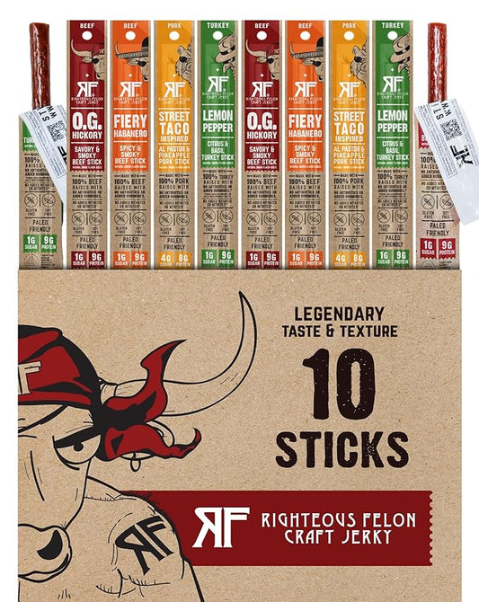 Righteous Felon Jerky Variety Pack Meat Sticks | High Protein, Low Carb, Keto, Gluten Free, Low Sugar, Healthy Snack Stick | All Natural, Individually Wrapped Craft Beef, Turkey, Pork | 10 Count