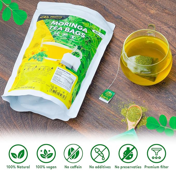 Indochine Blends Moringa Tea Bags | Moringa Leaf, Red Rice, Chrysanthemum & Stevia | Sugar-Free, Caffeine-Free Herbal Tea | Double Chamber, Individually Wrapped Bag | 3.5 oz | 50 Tea Bags