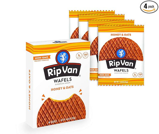 Rip Van Wafels Honey & Oats Stroopwafels - Healthy Snacks - Non GMO Snack - Keto Friendly - Office Snacks - Low Sugar (3g) - Low Calorie Snack - 4 Count