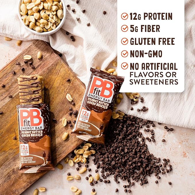PBfit Peanut Butter Cocoa Drizzle Energy Bars, 12g Protein, 5g Fiber, Gluten Free, Vegan, Plant-Based, Non-GMO, 2.1 Oz (Pack of 12)
