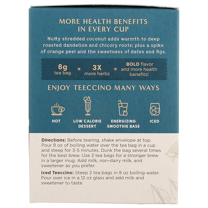 Teeccino Dandelion Root Tea – Coconut – Caffeine Free, Roasted Herbal Tea with Prebiotics, 3x More Herbs than Regular Tea Bags, Gluten Free - 10 Tea Bags