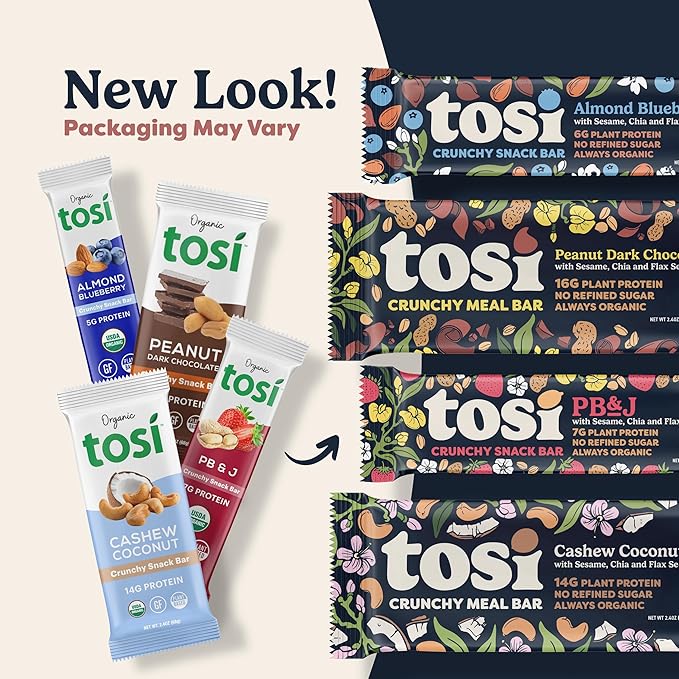 Tosi Almond Protein Bars, Plant Based with Nuts, Gluten-Free Crunchy Snacks, Vegan, Organic, Flax & Chia Seeds, Soy-Free, Omega 3s, 5G Protein, 1oz, 12-Pack