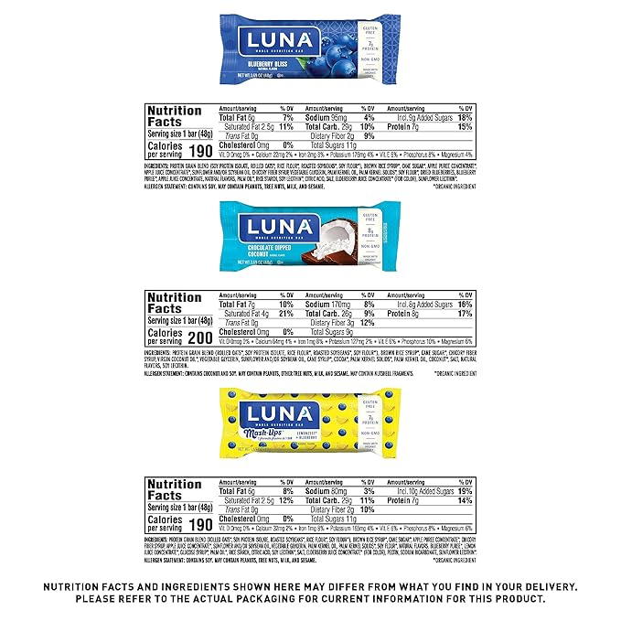 LUNA Bar - Variety Pack - 6 Flavors - Snack Bars - Non-GMO - Gluten-Free Protein Bars - Made with Organic Oats (12 Pack)