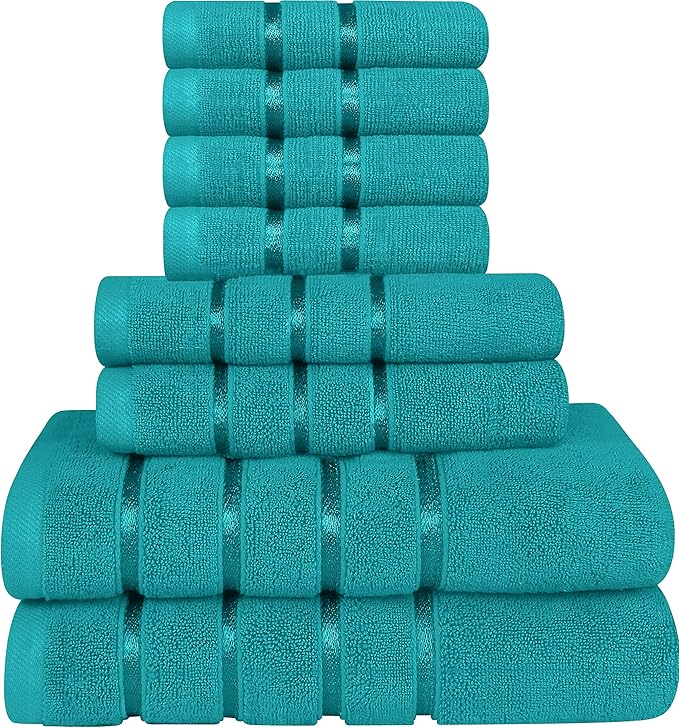 Utopia Towels 8 Piece Luxury Towel Set, 2 Bath, 2 Hand, and 4 Wash Cloths, 600 GSM Ring Spun Cotton, Highly Absorbent Viscose Stripe Towels, Ideal for Everyday use, Turquoise