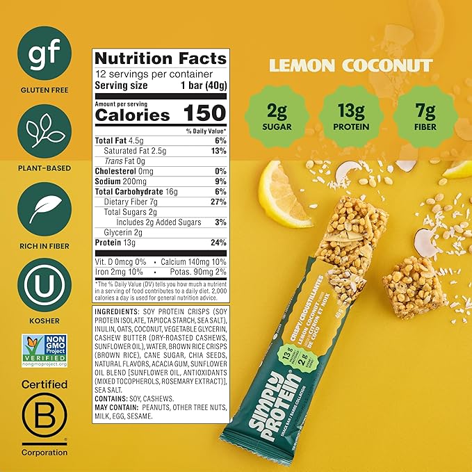 Simply Protein - Lemon Coconut Crispy Bars - Plant Based Protein Bars - Low Carb, Low Sugar, High Fiber - 13g Protein, 2g Sugar, 7g Fiber - Vegan, Gluten Free, Non GMO, Kosher - 8 Bars