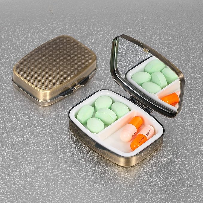 Dynippy Pill Case Pill Box with Mirror Retro Pocket 2 Compartment Medicine Case Vitamin Pill Organizer for Pocket Purse and Travel (Flower 21)