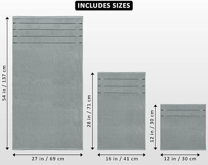 Utopia Towels 8 Piece Luxury Towel Set, 2 Bath, 2 Hand, and 4 Wash Cloths, 600 GSM Ring Spun Cotton, Highly Absorbent Viscose Stripe Towels, Ideal for Everyday use, Cool Grey