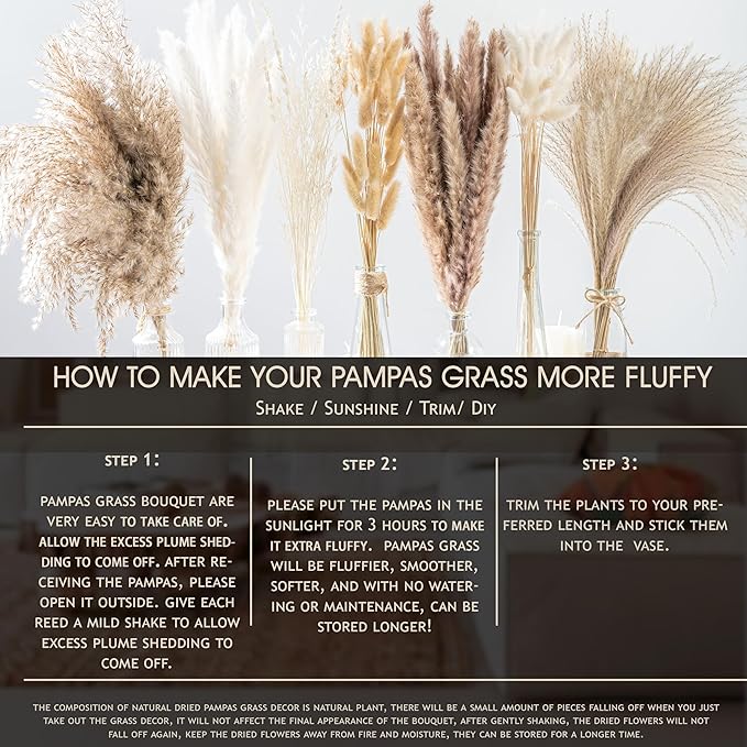 130PCS Natural Dried Pampas Grass Boho Home Decor Bouquet Phragmites Dried Flowers Bouquet for Wedding Floral Arrangements Home Decorations (130PCS)