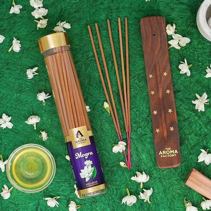 The Aroma Factory Mogra Agarbatti for Pooja, Luxury Incense Sticks, Low Smoke and Zero Charcoal and Fresh Fragrance for Home, Meditation (100g)