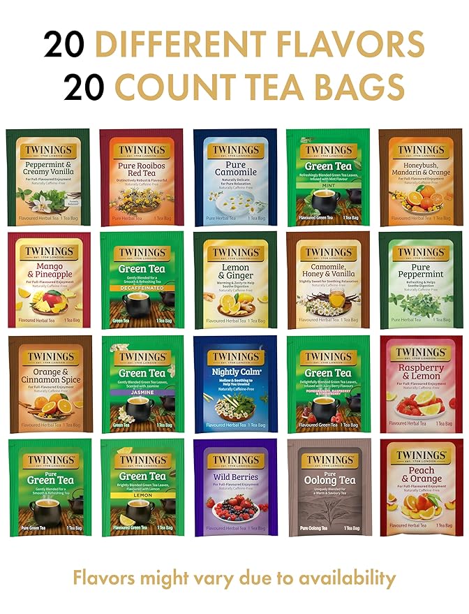 Twinings Herbal and Green Tea Bag Sampler, Assortment Variety Pack (20 Count) 20 Different Flavors for Tea Lovers: Her, Him, Women, Men, Couples, Family, Friends, Coworkers