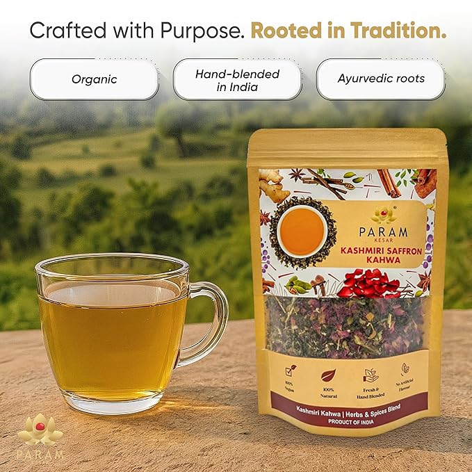 Param Kesar Organic Saffron Cardamom Cinnamon Herbal Green Tea | Detox & Digestive Support | Aromatic Indian Spice Blend with Rose & Licorice | 100g Loose Leaf Tea