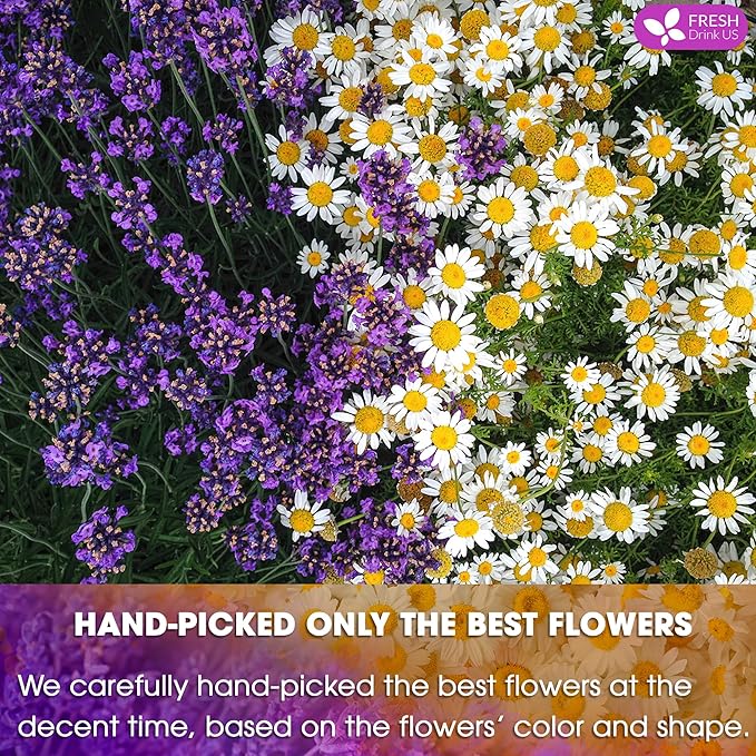 FreshDrinkUS, Premium 135 Chamomile Lavender Tea Bags, 100% Natural Herbal Ingredients, Hand-made Blend of Chamomile Lavender Flowers, Eco-conscious Tea Bags. No Sugar, No Caffeine, No Gluten, Vegan.