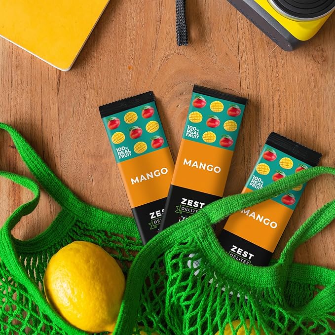 Fruit Snacks by Zest Delites, Fruit Leather, Dried Mango Bars, Healthy Snacks for Adults & Kids, No Sugar Added, Apple-Based Mango Strips, 0.88 oz x 10