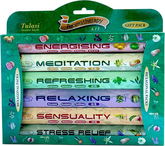 Tulasi Premium Aromatherapy Incense Sticks - Energising, Relaxing, Refreshing, Sensuality, Meditation & Stress Relief Mixed Scents, Hand Rolled with Natural Oils 120 Incense Sticks, 6 in 1 Gift Pack