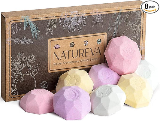 Organic Shower Steamers Aromatherapy - 8 XL Natural Shower Bombs, Essential Oil Shower Steamer Gift Set, Relaxation Gifts Women, Shower Melts Tabs, Stress Relief Scents, Unique Self Care Box