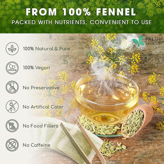 FreshDrinkUS, Premium 135 Fennel Tea Bags, 100% Natural & Pure from Fennel Seeds. Fennel Seed Herbal Tea. Fennel Seed Tea. Made with Natural Material Tea Bags. No Sugar, No Caffeine, No Gluten, Vegan.