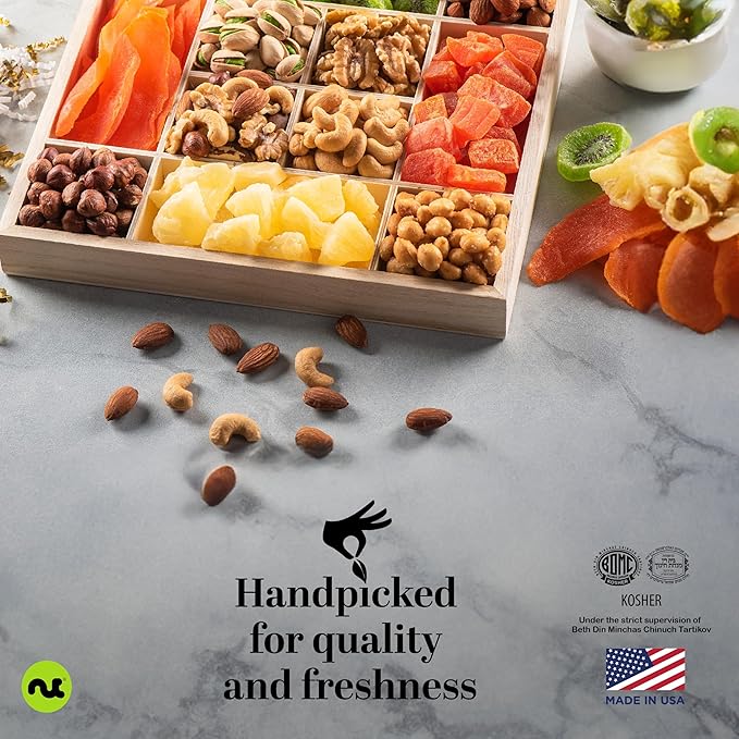 NUT CRAVINGS - Diwali Sweets Hamper Dried Fruit & Mixed Nuts Gift Basket in Reusable Wooden Tray + Ribbon (12 Assortments) Food Arrangement, Healthy Snack Care Package,