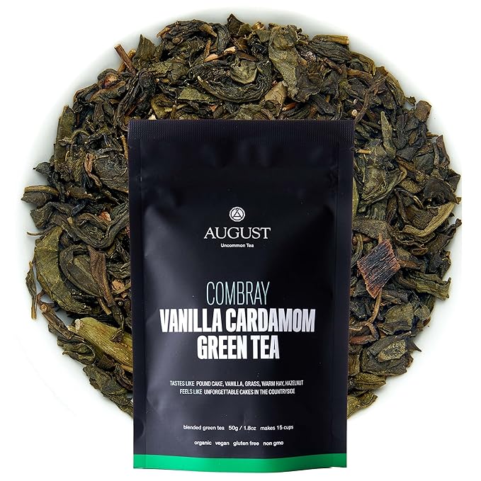 August Uncommon Combray Loose Leaf Tea – Organic Vanilla and Cardamom Green Tea – Vegan, Gluten-Free, and Non-GMO Organic Tea – Bold Dessert-Inspired Flavor in a Resealable 1.8oz Pouch (15-30 Cups)