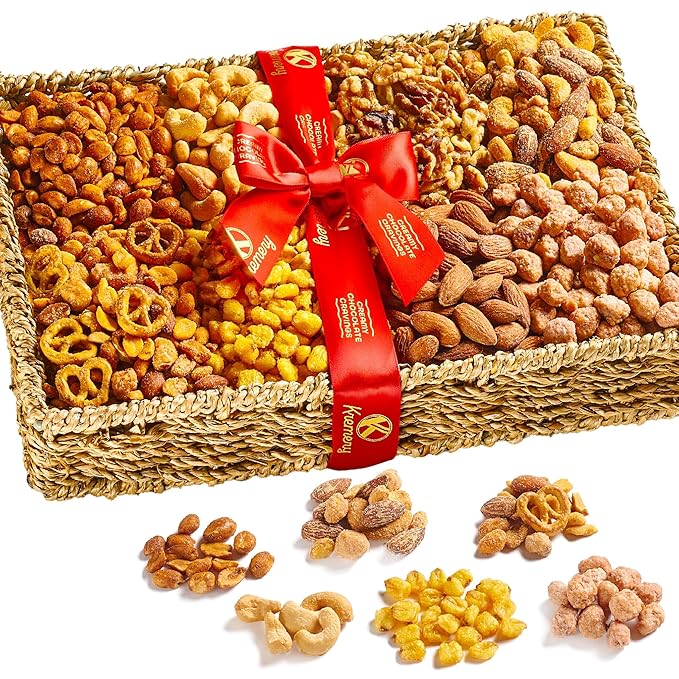 KREMERY Gourmet Nut Gift Basket - Diwali Sweets Hamper Mixed Nuts Gift Basket in Seagrass Tray with Ribbon (8 Assortments) Healthy Snack Care Package, Food Assortments